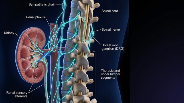 Detailed anatomical illustration of renal sympathetic innervation showing kidney, renal plexus, sympathetic chain, spinal cord, spinal nerves and dorsal root ganglion