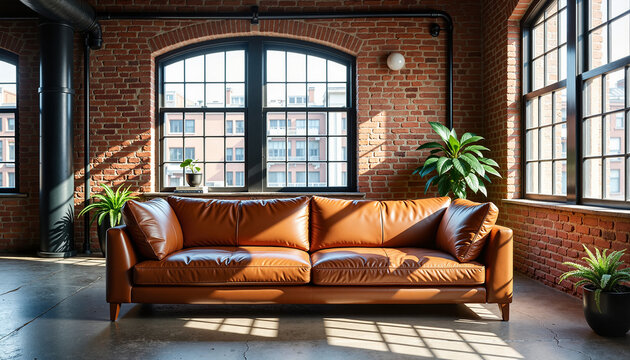 modern brown leather sofa in a spacious industrial-style loft with large windows and greenery, perfect for interior design projects, home decor inspiration, and lifestyle content