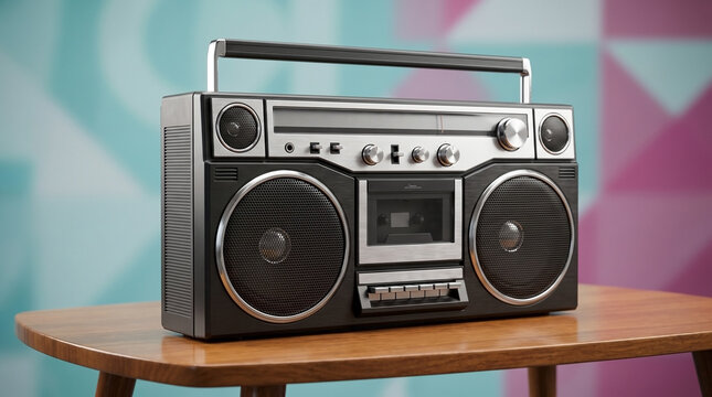 Sleek black retro boombox on wooden table with metallic accents and speakers. Black retro boombox features cassette player and chrome buttons. Authentic black retro boombox concept for advertising.