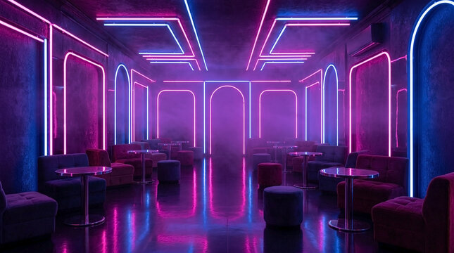 Glowing retro neon nightclub interior with purple and blue light strips on walls. Retro neon nightclub features velvet sofas and hazy smoke. Concept retro neon nightclub for party event promotion.