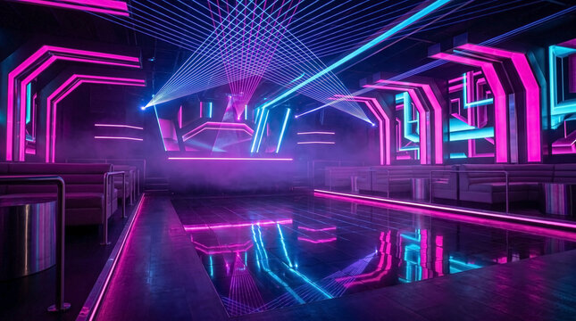 Vibrant neon night club dance floor with colorful laser beams. Glowing neon night club interior shows reflections on dark polished floor. Energetic neon night club for party event invitations.