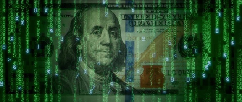 Electronic Currency Concept with One Hundred Dollar Bill made up of Animated Numbers and Symbols. Futuristic Finance Wallpaper.