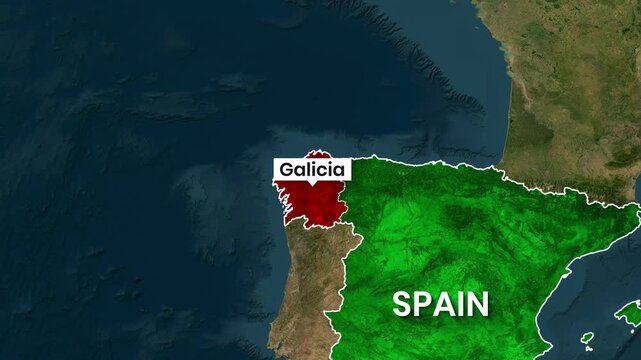 Highlighting Galicia region on a map of Spain in animated motion video clip