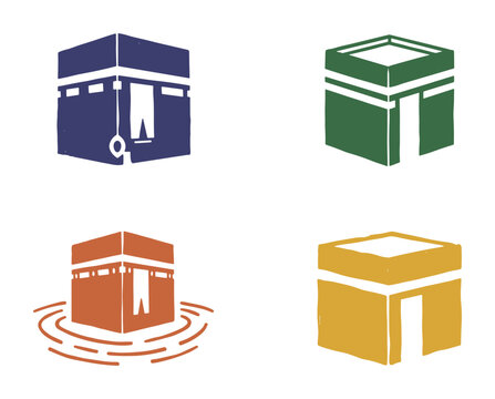 Kaaba icon set, blue green brown gold, Islamic pilgrimage, vector design