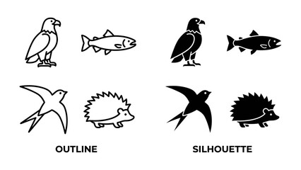 Fototapeta premium Icon Set: Outline and Silhouette Representations of Animals