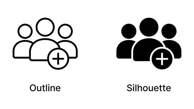 People Icon Set: A minimalist collection of outline and silhouette icons representing a group of people with an addition symbol, symbolizing adding members or social connection.
