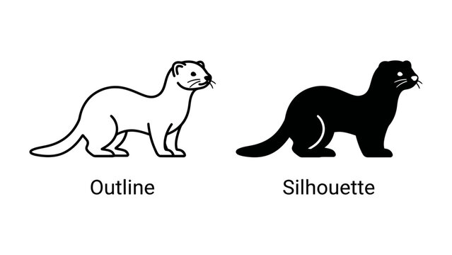 Weasel Outline and Silhouette: A comparison of a weasel in outline form and a black silhouette, showcasing its sleek body and long tail.