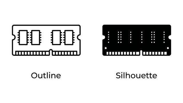 RAM Outline and Silhouette: Two representations of Random Access Memory modules, one in outline and one in silhouette, symbolizing digital memory and computer hardware.