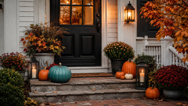 Teal pumpkin, halloween, food allergy safety. A decorated front doorstep featuring a teal pumpkin prominently among warm autumn decor