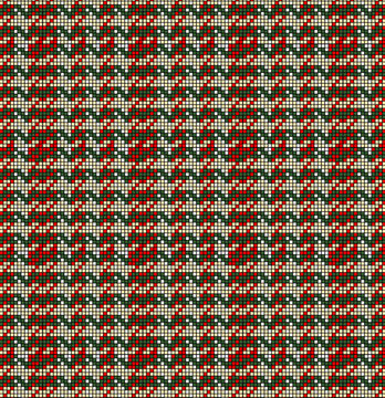 Traditional Inspired Pixel Geometric Seamless Textile Pattern in Red Green and Cream