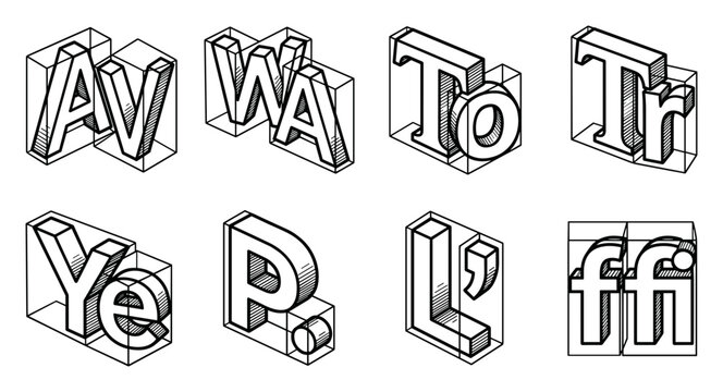 Letters alphabet block set, isometric type, black white, line art