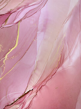 Abstract handmade not AI royalty free flud pink aquarelle or marble background with gold. Beautiful alcohol ink watercolor artwork. Backdrop texture or interior poster resembles natural pink stone.