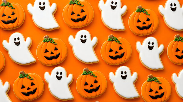 Halloween cookies pattern with ghost and pumpkin shapes on orange background
