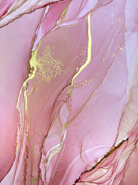 Abstract handmade not AI royalty free flud pink aquarelle or marble background with gold. Beautiful alcohol ink watercolor artwork. Backdrop texture or interior poster resembles natural pink stone.