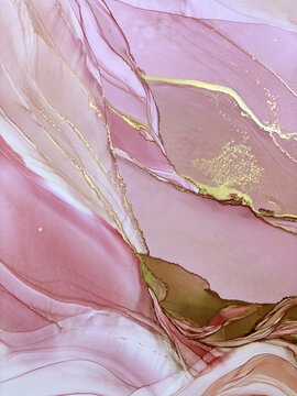 Abstract handmade not AI royalty free flud pink aquarelle or marble background with gold. Beautiful alcohol ink watercolor artwork. Backdrop texture or interior poster resembles natural pink stone.