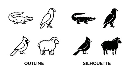 Fototapeta premium Outline and Silhouette Animals: A set of four animal illustrations, presented in both outline and silhouette form, showcasing an alligator, eagle, cardinal, and sheep for design and comparison.