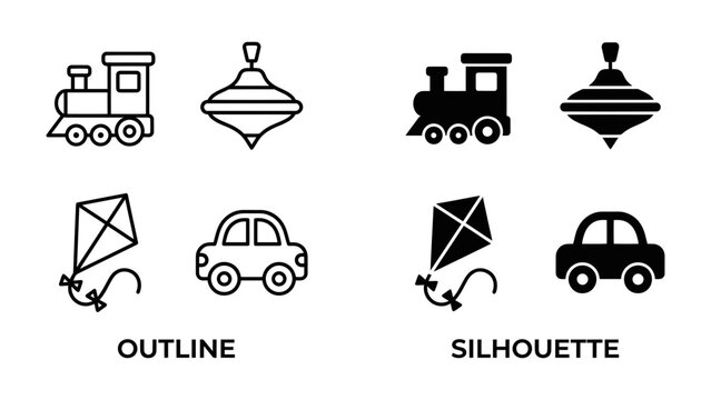 Collection of Classic Toys: A set of four iconic toys, including a train, spinning top, kite, and car, presented in both outline and silhouette forms, representing timeless childhood fun.