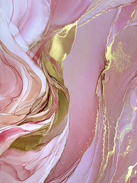 Abstract handmade not AI royalty free flud pink aquarelle or marble background with gold. Beautiful alcohol ink watercolor artwork. Backdrop texture or interior poster resembles natural pink stone.