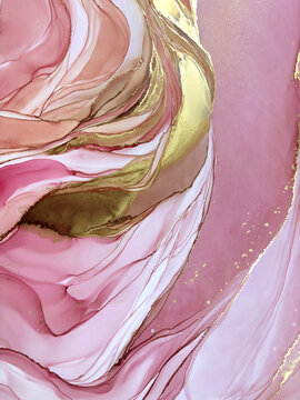 Abstract handmade not AI royalty free flud pink aquarelle or marble background with gold. Beautiful alcohol ink watercolor artwork. Backdrop texture or interior poster resembles natural pink stone.