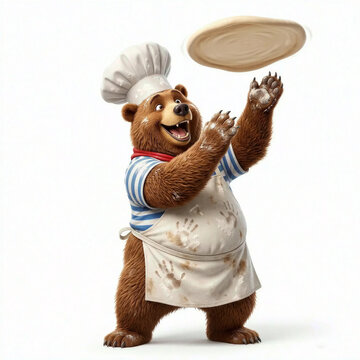 Bear Chef Pizza Toss Cooking Character Isolated White - Generative AI