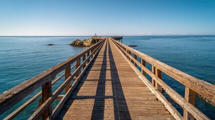 Fototapeta premium Wooden pier extending over calm blue ocean water under clear sunny skies