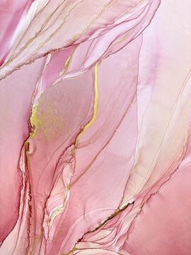 Abstract handmade not AI royalty free flud pink aquarelle or marble background with gold. Beautiful alcohol ink watercolor artwork. Backdrop texture or interior poster resembles natural pink stone.