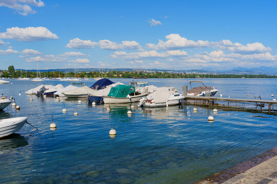 Morges, Switzerland - August 6, 2026: Small Boats Moored at Lake Geneva Marina on a Sunny Day in Morges