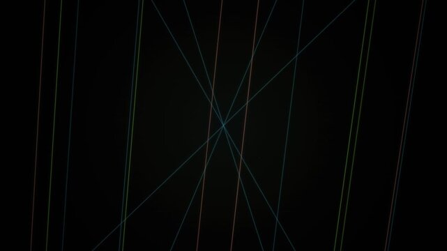 Colorful intersecting diagonal and vertical lines create a looping geometric pattern against a dark background