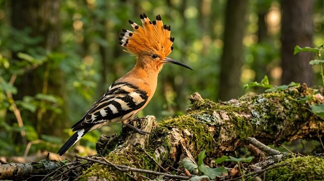Common Hoopoe on Mossy Log
