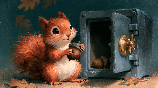 Squirrel putting an acorn into a small safe, gouache illustration