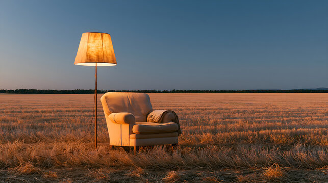 Armchair and lit floor lamp standing in a mown field at dusk