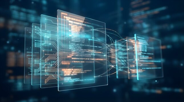 Floating holographic data screens with digital interface code.