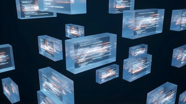 Floating translucent blue data blocks with computer code on dark background.