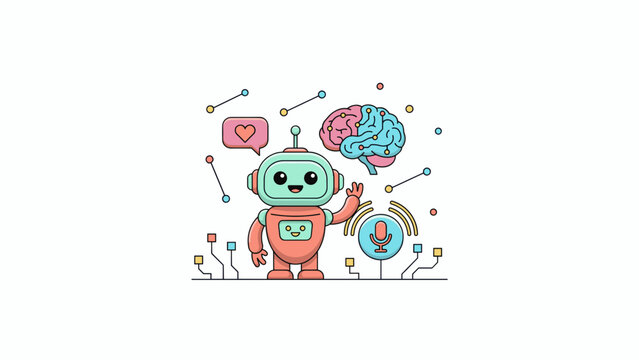 Cute AI robot vector illustration, friendly artificial intelligence chatbot with brain and microphone icons, smart technology concept