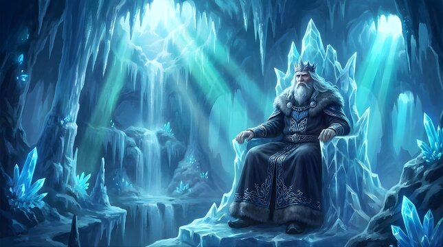 Fantasy king on a throne inside a crystal ice cave.