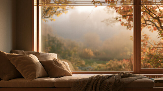Cozy window seat overlooking an autumn forest. Soft sunlight, pillows, and knitted blanket create a peaceful home interior for relaxation, seasonal lifestyle, and cozy living concept.