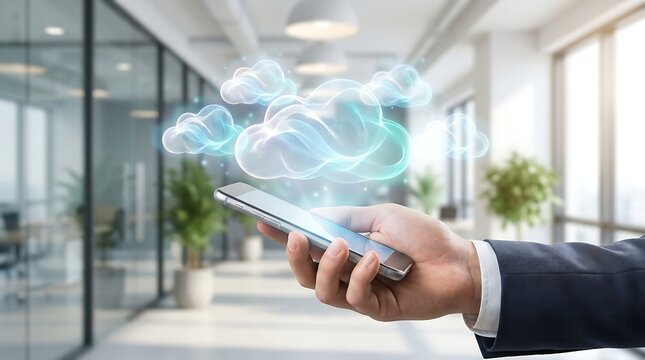 Businessman holding smartphone with cloud computing concept in office.