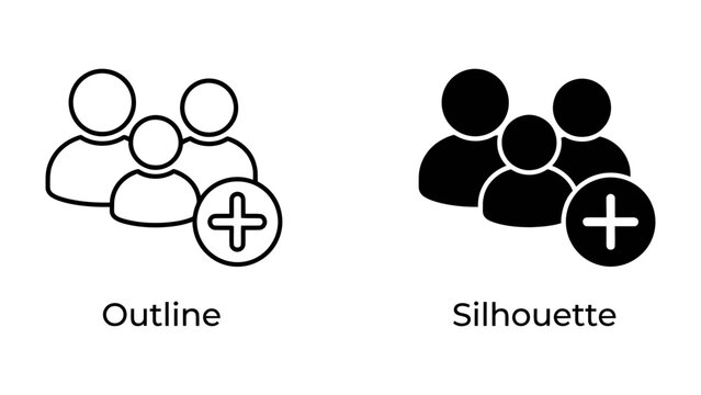 Add Member Icon: Two icon styles, outline and silhouette, depict a group of people with an added member symbol, representing the concept of expansion or team growth.