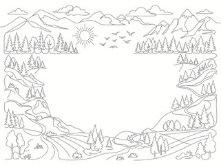 Fototapeta premium Mountain landscape line art frame depicting pine trees, hills, sun, and birds framing a blank central area.