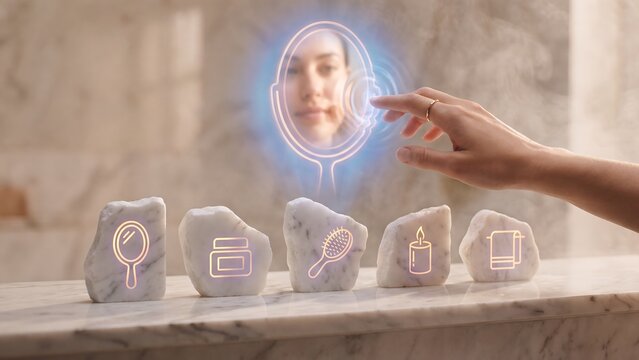 Personalized skincare routine concept, beauty technology for facial analysis, wellness grooming steps, digital dermatology assistant, modern self care habits and health tracking