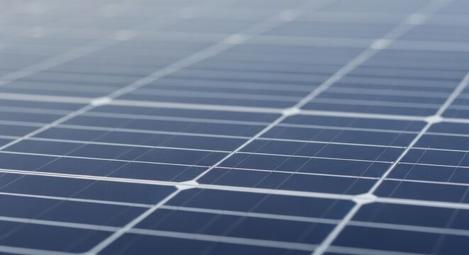 Close-up macro photograph of a shimmering solar panel surface, showcasing the intricate grid pattern for clean energy generation.
