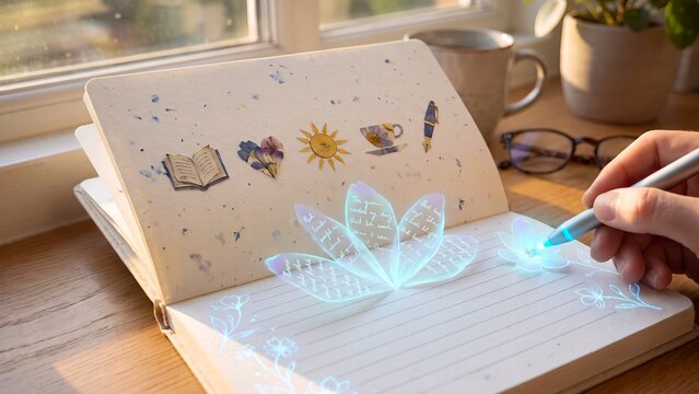 Journaling and mindfulness concept, hands writing in creative notebook with digital floral overlays, personal diary and memory keeping, artistic sketching and reflection