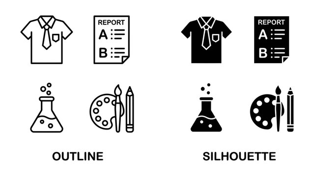 Academic and Creative Icons: A set of contrasting icons representing academic and creative pursuits, showcasing both outline and silhouette styles for school uniforms, reports, science flasks.