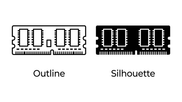 RAM Module Outline and Silhouette: Two computer memory modules are presented, one in an outline style and the other as a silhouette, illustrating the design and form of RAM.