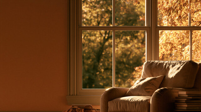 Cozy armchair beside a sunlit window overlooking autumn trees. Warm home interior with copy space for seasonal lifestyle, relaxation, reading, and fall decoration concept.