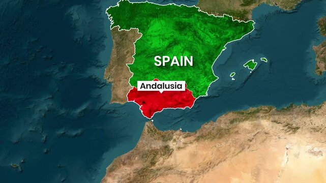 Spain highlighted with the Andalusia region in red on animated map footage