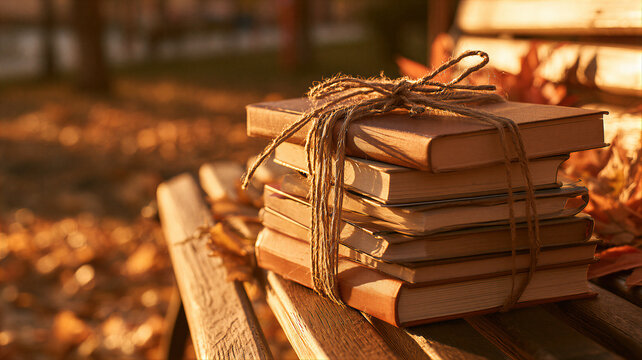 Stack of vintage books tied with twine on a wooden bench in an autumn park. Cozy reading, education, knowledge, nostalgia, and seasonal leisure concept with warm sunlight.