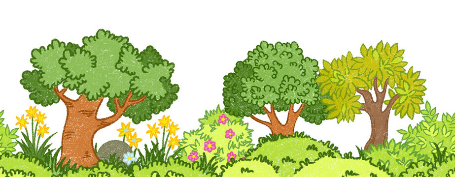 Seamless forest border. Trees, bushes, and grass. Colorful crayons drawing for children in cartoon style.