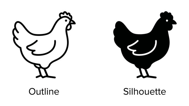 Chicken Outline and Silhouette: Two distinct representations of a chicken, one a simple line drawing outline and the other a solid black silhouette, presented side by side for comparison.