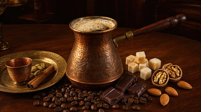 Turkish coffee ritual with copper cezve delight and walnuts